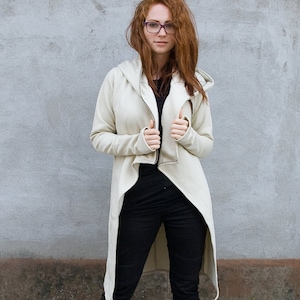 Cream Hooded Coat, Hoodie Coat, Winter Coatigan, Plus Size Clothing, Asymmetric Coat, Winter Zipper Hoodie, Blazer Coat, Big Hood Hoodie