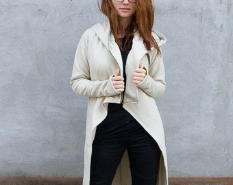 Cream Hooded Coatigan, Asymmetric Zipper Hoodie, Plus Size