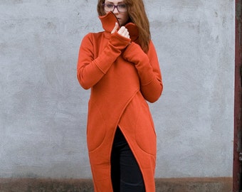 Womens Clothing, Burnt Orange Jacket, Spring Clothing, Long Sweater Coatigan, Asymmetrical Coat, Plus Size Clothing, High Neck Jacket