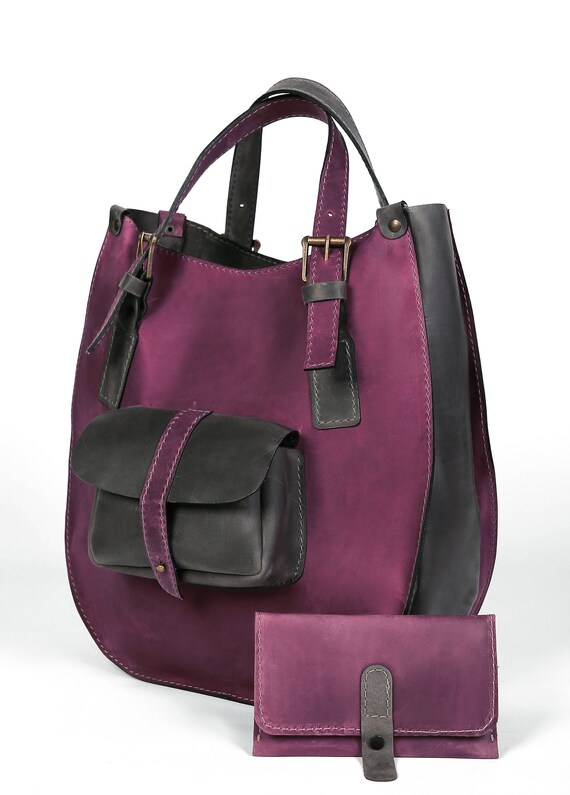 purple leather tote bag