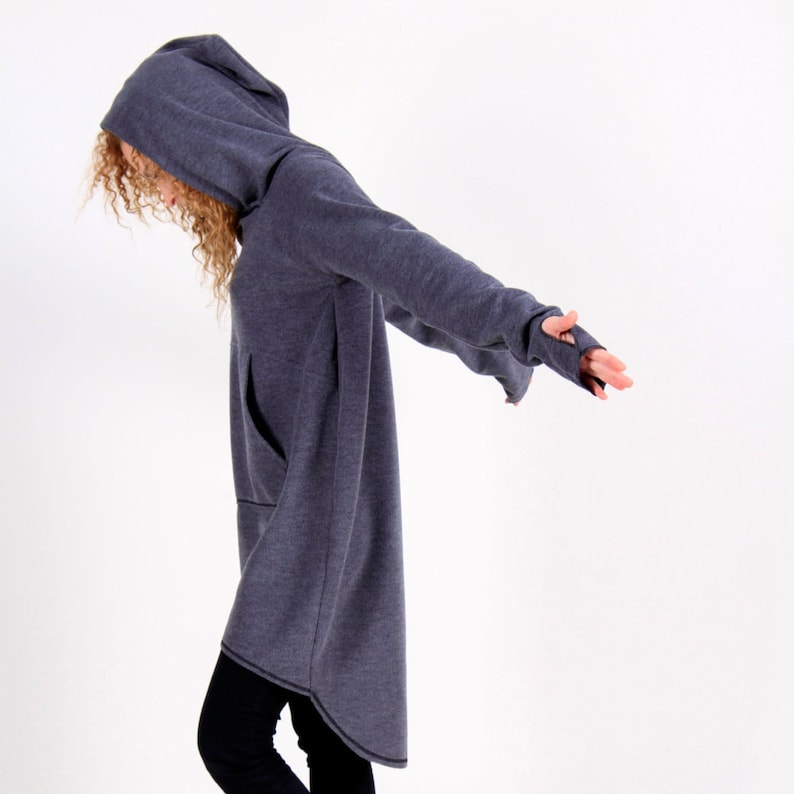 Long loose grey sweatshirt with big hood for women.