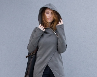 Asymmetrical Zip Cotton Hoodie, Thumb Hole Sleeves, Plus Size