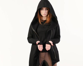 Winter Jacket, Big Hood Hoodie, Hooded Jacket, Black Hoodie, Plus Size Clothing, Asymmetrical Hoodie, Hooded Sweatshirt, Zip Up Hoodie