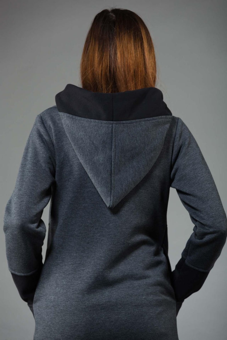 Spring HoodieLong hoodieWomen/'s jacketWarm hoodieCotton HoodieDark Gray /& Black HoodieUnusual DesignCollarPlus size