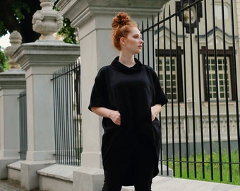 Zwarte katoenen maxi-tuniek, jurk met oversized zak, gotische zomerkleding