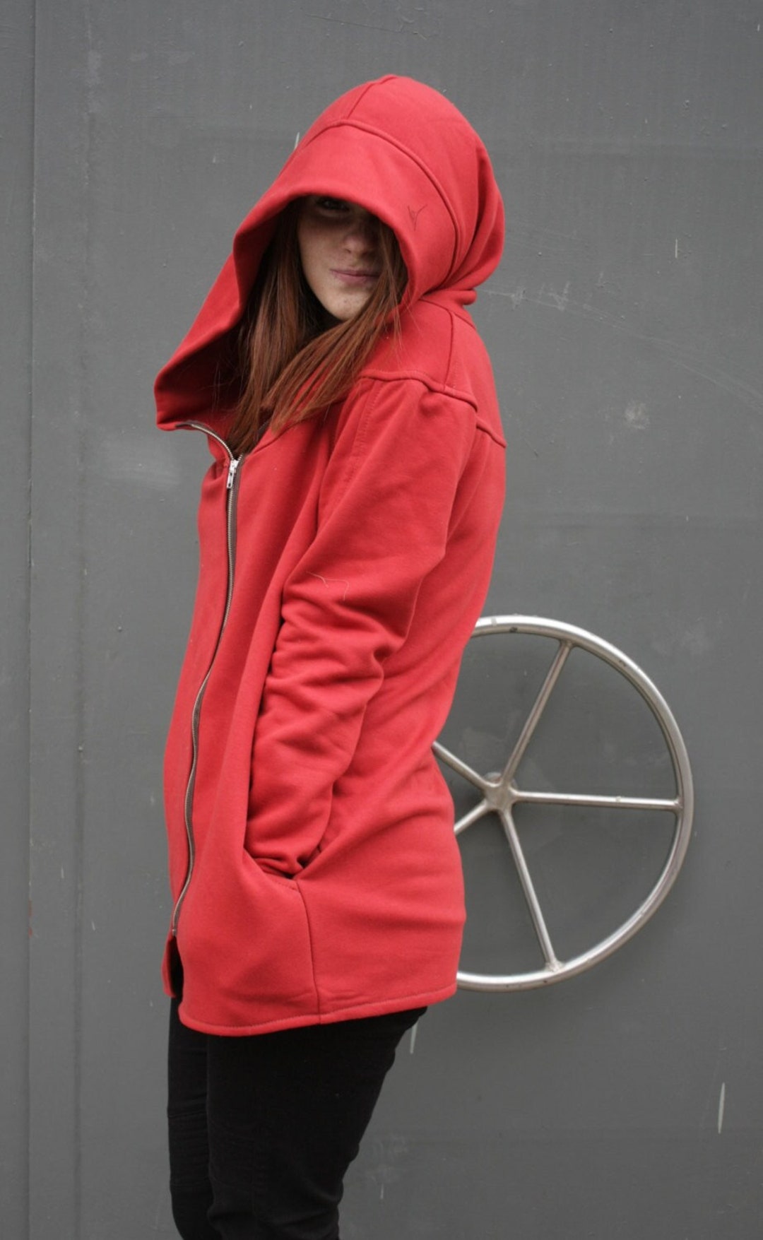 Red Hooded Coat, Womens Jacket, Knee Length Hoodie, Plus