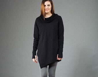 Women Tunic, Black Tunic, Hooded Tunic, Cowl Neck Tunic, Plus Size Clothing, Oversize Tunic, Hoodie Tunic, Long Sleeve Tunic,Gothic Clothing