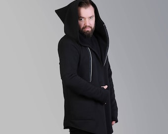 Large Hood Hoodie For Men, Pointed Hood, Cyberpunk Hoodie, Asymmetrical Hoodie Men, Zip Up Hoodie, Black Sweatshirt, Hoodies For Men, Wizard