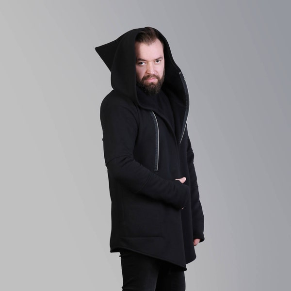 Large Hood Hoodie For Men, Pointed Hood, Cyberpunk Hoodie, Asymmetrical Hoodie Men, Zip Up Hoodie, Black Sweatshirt, Hoodies For Men, Wizard