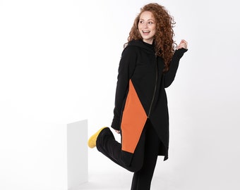 Schwarz Und Orange Kapuzenmantel, Asymetrischer Hoodie, Futuristische Kleidung, Dekonstruierter Hoodie, Reißverschluss Mantel, Daumenloch Hoodie, Plus Size