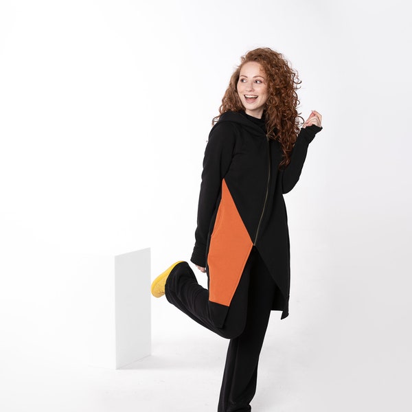 Black And Orange Hooded Coat, Asymmetrical Hoodie, Futuristic Clothing, Deconstructed Hoodie, Zipper Coat, Thumb Hole Hoodie, Plus Size
