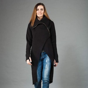 Black Coat, Solarpunk Coat, Raven Hoodie, Plus Size Clothing, Winter Coat, Asymmetrical Coat, High Collar Coat, Long Sleeve Coat, Wrap Coat
