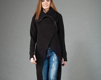 Sweat à capuche femme, Hoodie chaud, manteau de coton, tunique, fermeture à glissière avant asymétrique, manteau à capuche, fait à la main,