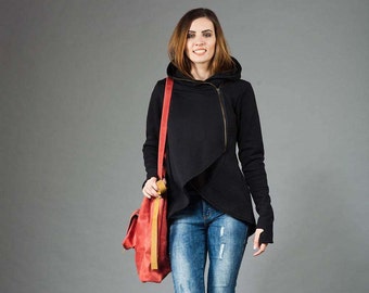 Vêtements pour femme, Veste asymétrique, Sweat à capuche croisé, Veste cardigan courte, Veste gothique, Vêtements cyberpunk, Manteau noir à grande capuche