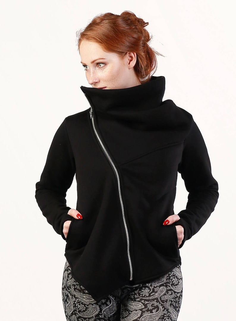 Women/'s Clothing Fitted Jacket Women/'s SweatshirtWarm SweatshirtTunicCotton Coat Asymmetrical Handmade Black Hoodie with Collar