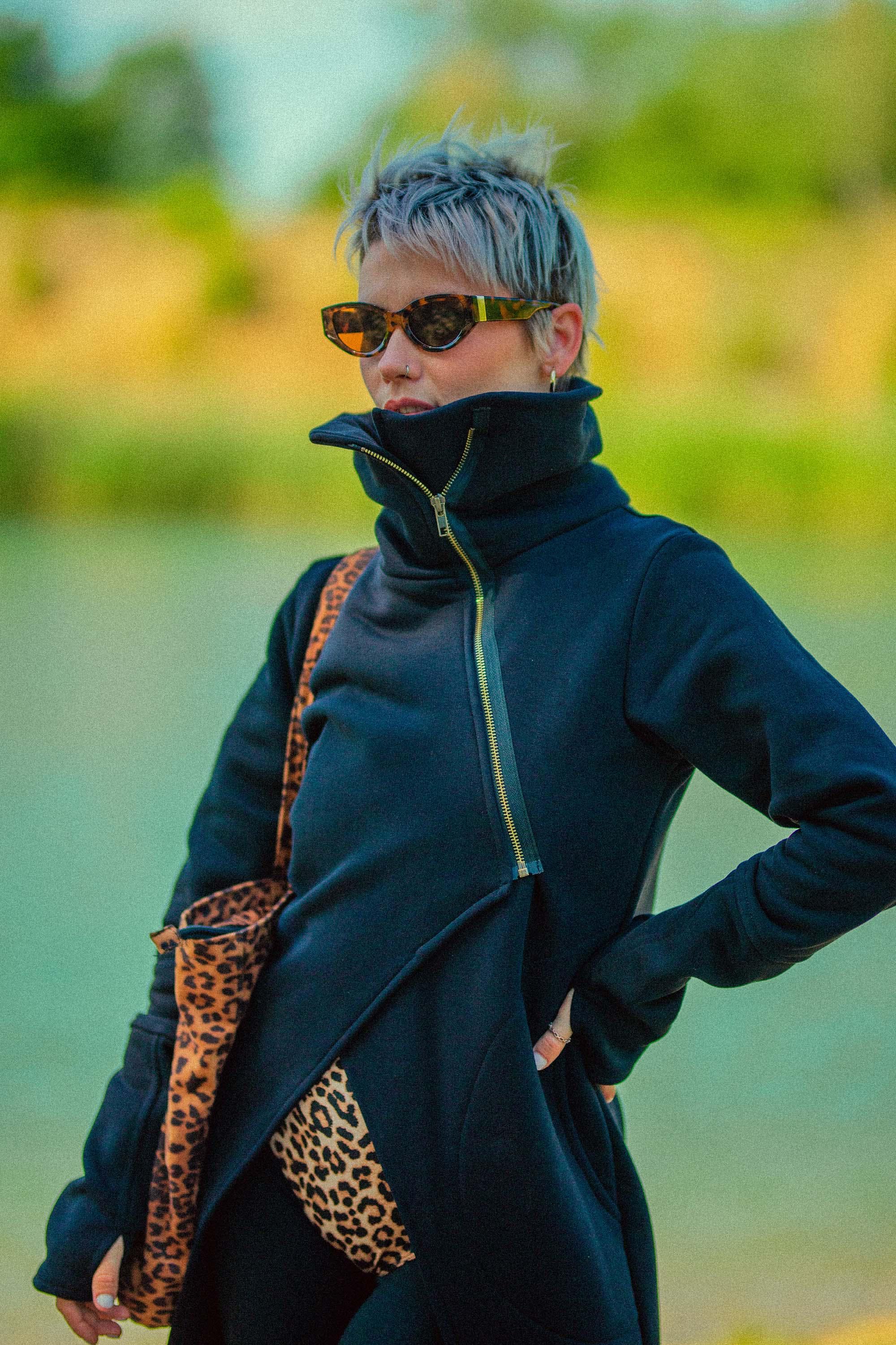 Black Raven Hoodie, Asymmetric Zip Coat, Thumb Hole Sleeves