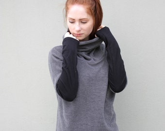 High Neck Sweater, Cotton Sweater, Womens Sweater, Turtleneck Blouse, Plus Size Clothing,Asymmetrical Blouse,Casual Sweater,Urban Clothing