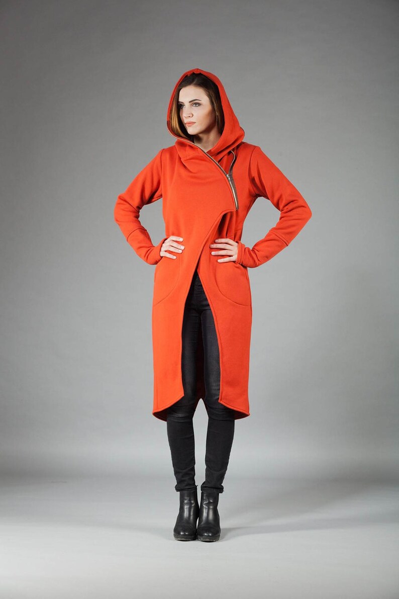 Asymmetric Coat Track Coat Winter Coat Plus Size Clothing Winter Clothing Hooded Coat Burnt Orange Coat Women Coat Zipper Coat