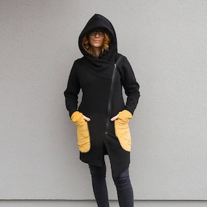 Black And Yellow Hoodie, Hooded Winter Sweatshirt, Asymmetrical Jacket, Plus Size Clothing, Hooded Sweatshirt, Zipper Hoodie, Hooded Jacket