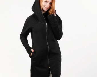 プラスサイズ ブラック ジップアップ ニットパーカー、ゴシックジャケット、ウィムジゴス服、サイバーパンクパーカー