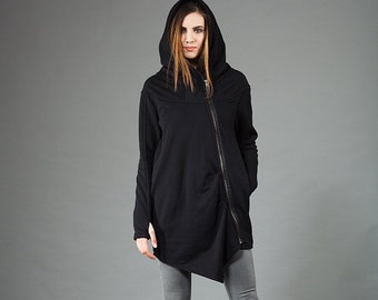 Asymmetric Hoodie, Black Hooded Sweatshirt, Womens Clothing, Zip Up Hoodie, Loose Hoodie, Black Hoodie Women, Apocalypse Clothing, Plus Size