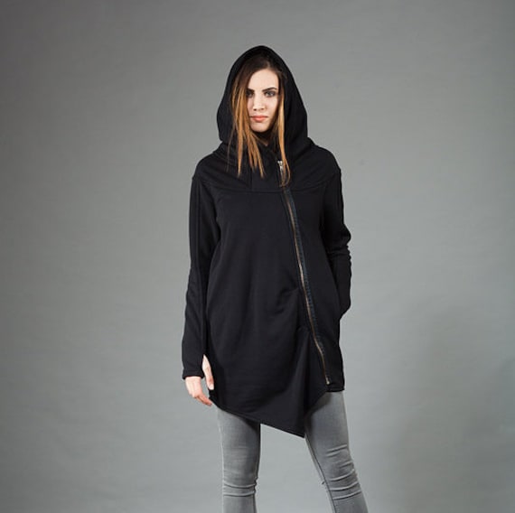 Asymmetric Hoodie, Black Hooded Sweatshirt, Womens Clothing