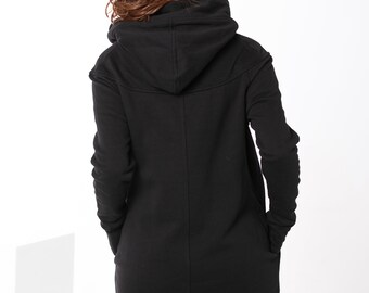 Asymmetrical Zip up Hoodie, Women's Black Cotton Hooded Coat