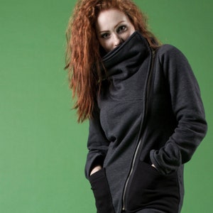 Cowl Neck Coat, Women Coat, Women Sweatshirt, Asymmetrical Coat, Zipper Coat, Spring Coat, Plus Size Clothing, Black Coat Women, Spring