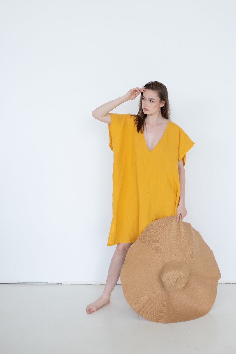 Loose Linen Dress, Yellow Summer Dress, Women Linen Dress, Maternity Dress, Oversized Linen Dress, Pure Linen Dress, Linen Sundress, Casual image 1