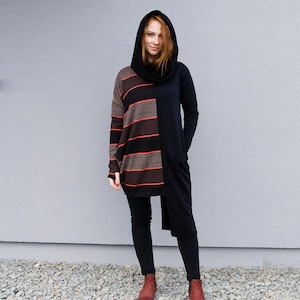 Black Striped Sweater, Asymmetric Hooded Jumper, Extravagant Comfy Sweater, Dark Academia Clothing, Plus Size Clothing, Loose Women Sweater