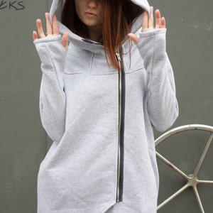 Sudadera con capucha Big Hood, sudadera con capucha Solarpunk, sudadera con capucha para mujer, sudadera con capucha asimétrica, sudadera con capucha con cremallera, abrigo con capucha, sudadera gris, ropa cómoda, algodón imagen 3