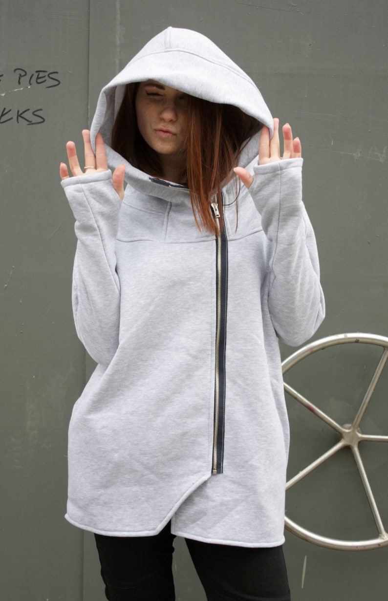 Sudadera con capucha Big Hood, sudadera con capucha Solarpunk, sudadera con capucha para mujer, sudadera con capucha asimétrica, sudadera con capucha con cremallera, abrigo con capucha, sudadera gris, ropa cómoda, algodón imagen 3