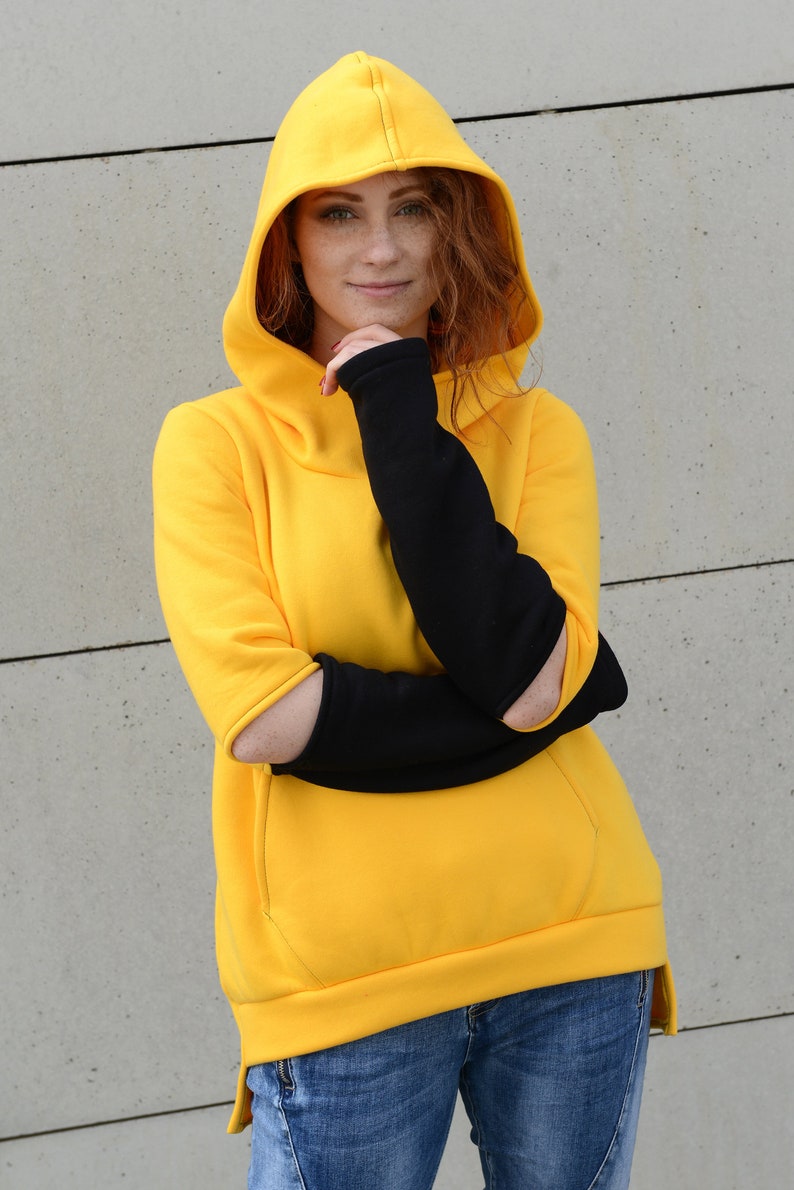 Yellow Hoodie, Hooded Sweatshirt, Pocket Sweatshirt, Plus Size Clothing, Yellow Sweatshirt, Women Hoodie, Asymmetrical Hoodie, Loose Hoodie image 3