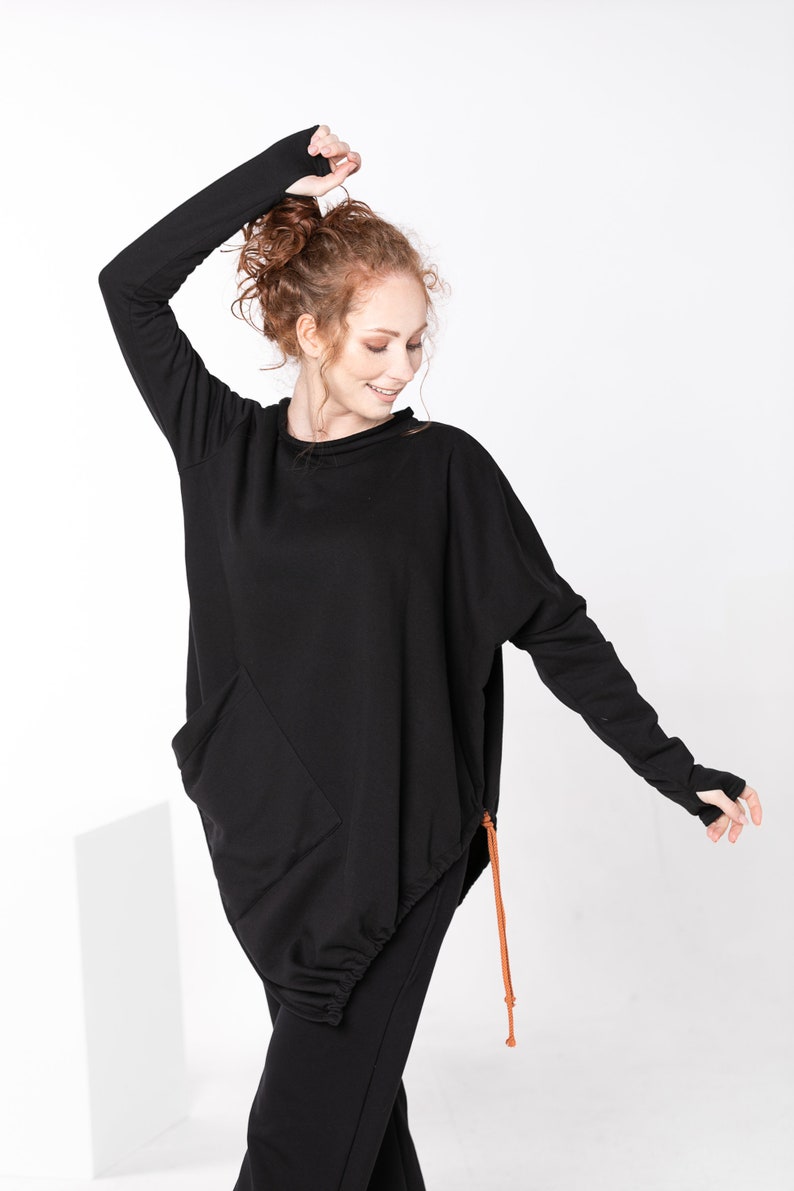 Comfy Sweater, Asymmetrical Tunic, Black Oversized Sweater, Deconstructed Top, Gothic Tunic Top, Futuristic Tunic Top, Black Cotton Sweater image 3