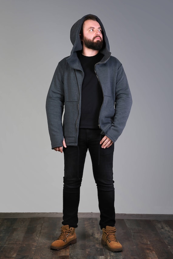 Mens Clothing, Big Hood Hoodie, Asymmetrical Zip Hoodie, Hoodies for Men, Men Jacket, Zip Up Hoodie, Sweatshirt Gray,Hooded Hoodie,High Neck