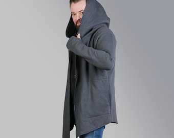 Mens Clothing, Long Hoodie, Spring Jacket, Long Hoody Men, Personalized Sweatshirt, Big Hood Hoodie, Cyberpunk Clothing, Hand Tailored Top