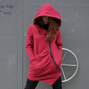 Red Hoodie, Womens Sweatshirt, Plus Size Clothing, Zip Up Hoodie, Loose Hooded Sweatshirt, Red Hoodie, Warm Hoodie, Pixie Clothing