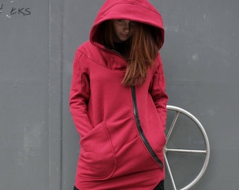 Red Hoodie, Womens Sweatshirt, Plus Size Clothing, Zip Up Hoodie, Loose Hooded Sweatshirt, Red Hoodie, Warm Hoodie, Pixie Clothing