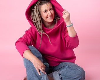 Handmade Pink Cotton Big Hood Hoodie, Womens Sweatshirt, loose style, spring clothing