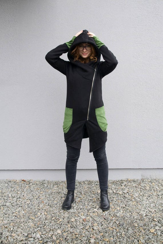 Asymmetrical Zipper Hoodie, Big Hood, Plus Size, Black and Green