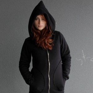 Long Hooded Hoodie, Black Zip Up Hoodie, Gothic Clothing, Elven Clothing, Plus Size Hoodie, Dark Academia, Workout Activewear, Cyberpunk zdjęcie 1