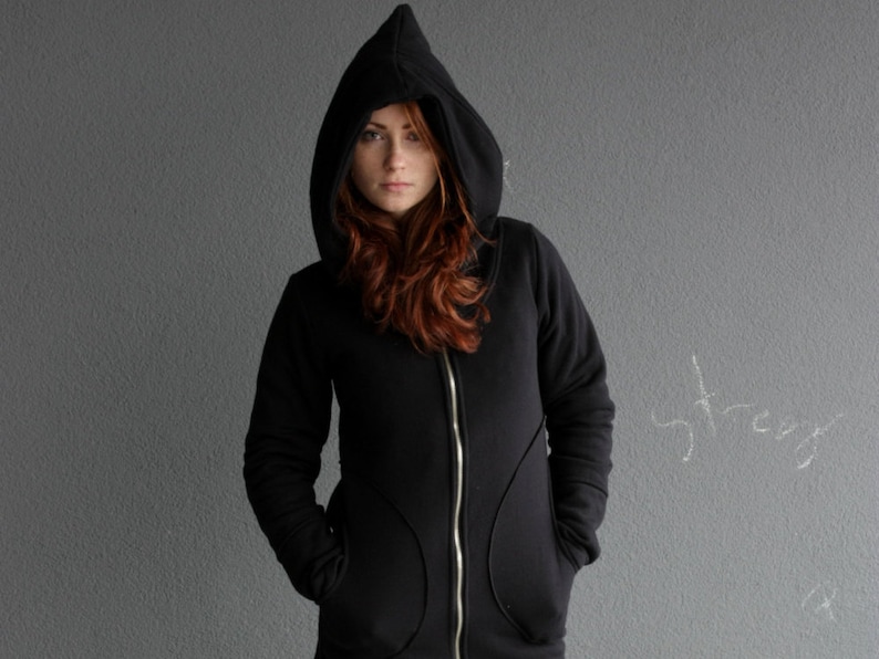 Long Hooded Hoodie, Black Zip Up Hoodie, Gothic Clothing, Elven Clothing, Plus Size Hoodie, Dark Academia, Workout Activewear, Cyberpunk zdjęcie 1