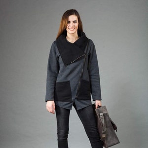 Veste dhiver, Veste noire, Vêtements taille plus, Veste asymétrique, Veste sweat-shirt femme, Veste taille plus, Veste chaude, Veste gothique image 1