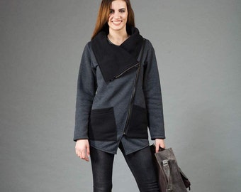 Veste d’hiver, Veste noire, Vêtements taille plus, Veste asymétrique, Veste sweat-shirt femme, Veste taille plus, Veste chaude, Veste gothique