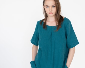 Loose Linen Tunic, Short Sleeve Summer Blouse