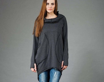 Cotton Hoodie Tunic Top, Women's Oversized Sweatshirt, Thumb Hole Sleeves