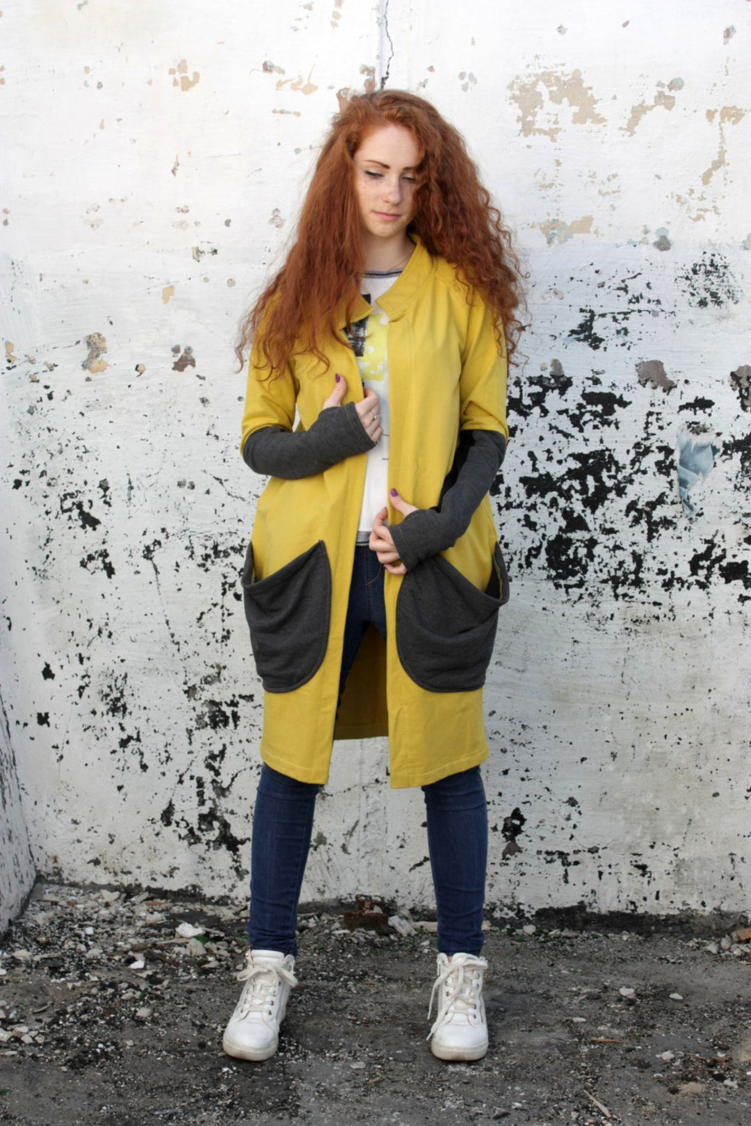 Women Long Cardigan, Yellow Cardigan, Plus Size Cardigan, Cotton