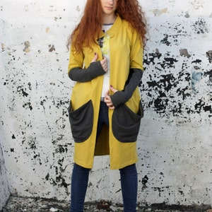 Women Long Cardigan, Yellow Cardigan, Plus Size Cardigan, Cotton Cardigan, Women Outerwear, Handmade Clothing, Pocket Cardigan, Futuristic