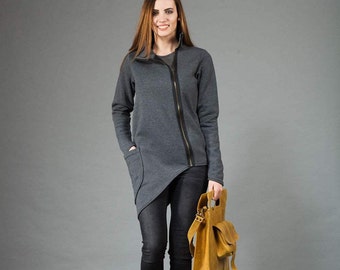 Grijze sweater met asymmetrische ritssluiting en zak, katoenen grote maten jas, lentestijl dames, katoen