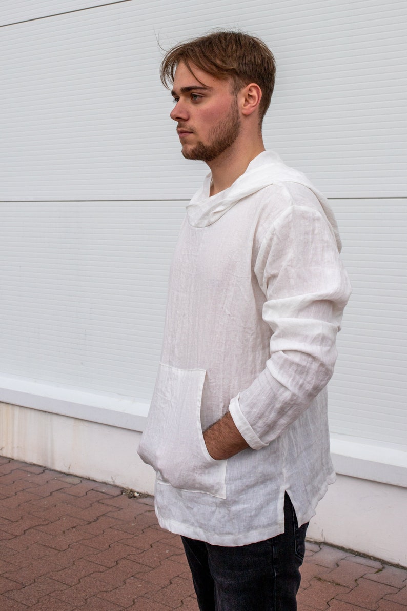 Linen Hoodie Men, Thin Hoodie, Summer Hoodie, White Medieval Tunic, Mid Century Modern, Lightweight Hoodie, Cyberpunk Sweatshirt, Festival zdjęcie 5